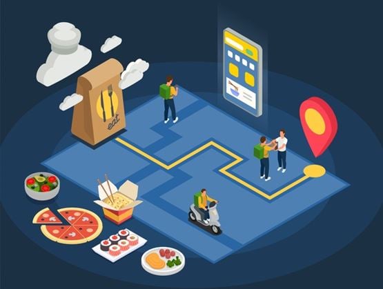 Isometric illustration of an online food delivery service showing a mobile app, a scooter courier, a customer receiving a bag, a location pin, and various dishes such as pizza, sushi, and noodles.