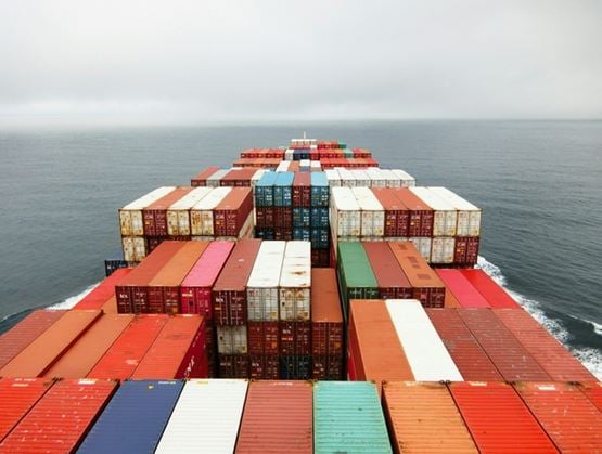 Rear view from a container ship carrying numerous colorful shipping containers at sea under an overcast sky.