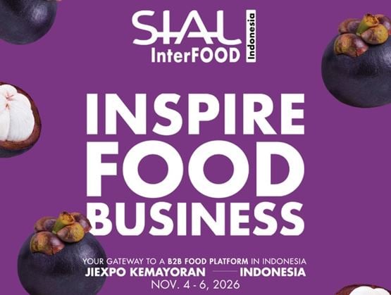 Promotional poster for SIAL InterFOOD Indonesia on a purple background with mangosteen fruits, featuring the slogan “Inspire Food Business,” the venue JIEXPO Kemayoran, and the dates November 4–6, 2026.