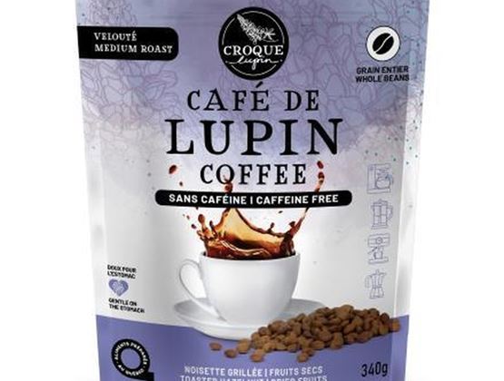 This is a pack of Lupin Coffee, medium roast, caffeine-free. It weighs 340g and features whole lupin beans with flavors of toasted hazelnut and dried fruits.