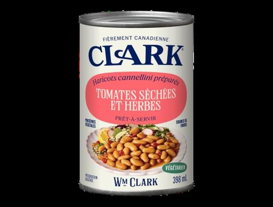 This is a can of Clark prepared cannellini beans with sun-dried tomatoes and herbs, ready to serve. It contains 398g.
