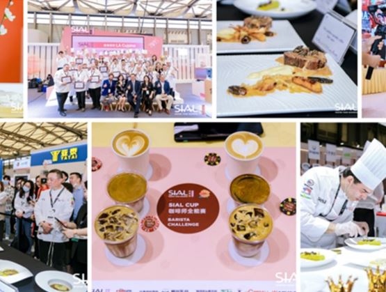 Collage of scenes from a food industry trade show featuring award-winning chefs, carefully plated dishes, culinary demonstrations, coffee-based drinks, and interactions between participants.