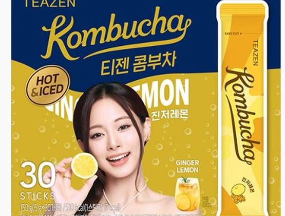 This is a box of TEAZEN Kombucha Ginger Lemon with 30 sticks. It can be enjoyed hot or iced.