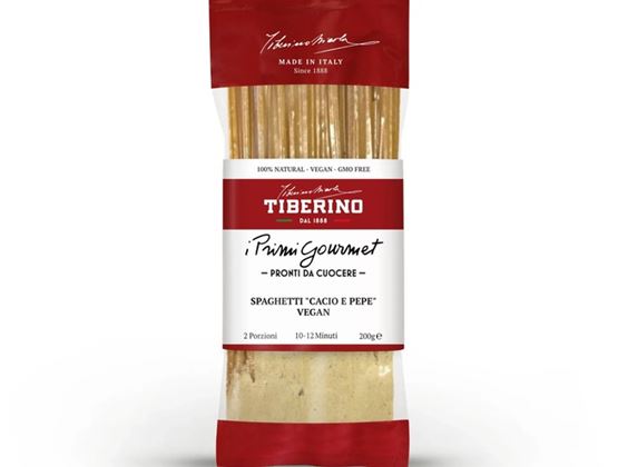 This is a 200g pack of Tiberino vegan spaghetti "Cacio e Pepe," made in Italy. It's 100% natural, GMO-free, and cooks in 10-12 minutes.