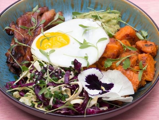 Colorful bowl topped with a fried egg, grilled chicken, roasted sweet potatoes, cabbage slaw, avocado, and microgreens.