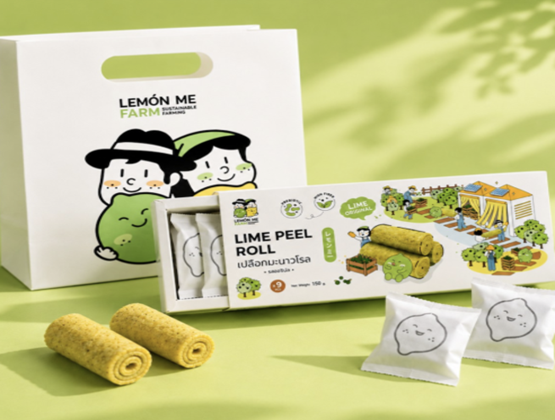 Lemón Me Farming Lime Peel Roll snacks displayed with their box, individual sachets and white branded bag.