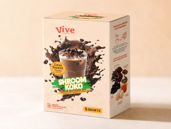 Box of Vive Malaysia Shroom Koko instant drink, made with cocoa, coconut milk and mushrooms, displayed against a beige background.
