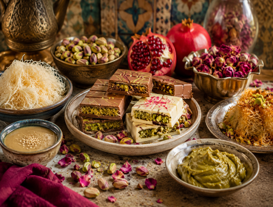 Assortment of pistachio-filled chocolates surrounded by pomegranate, pistachios, rose petals, kataifi pastry and Middle Eastern-inspired ingredients.