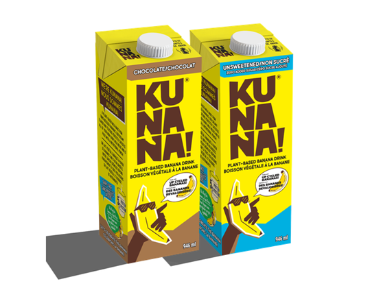 Two cartons of Kunana plant-based banana drink, featuring chocolate and unsweetened varieties made with upcycled bananas.