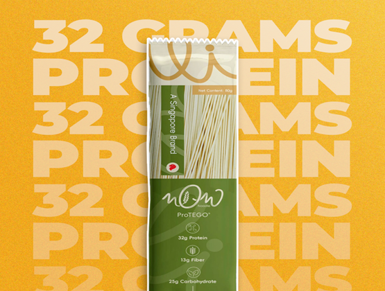ProTEGO noodle package displayed against an orange background highlighting its protein content.