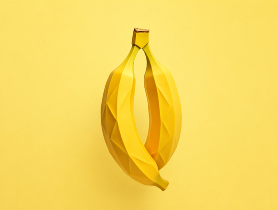 Stylised yellow banana peel rendered in a faceted 3D design against a yellow background.