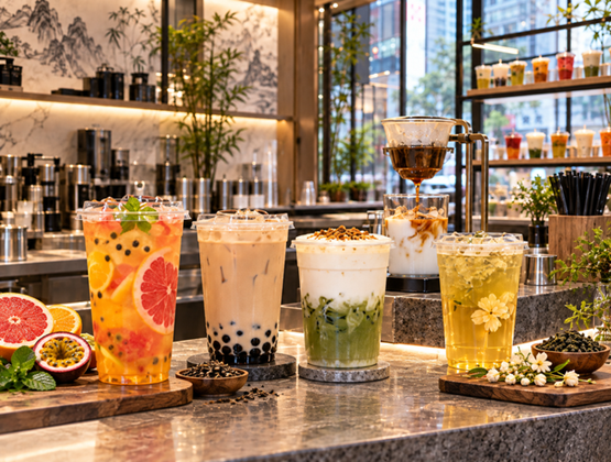 Sélection de boissons à base de thé, de fruits et de lait servies dans un bar à thé moderne.