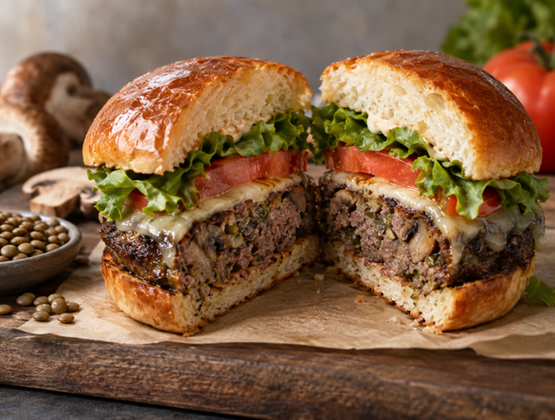 Burger cut in half with a thick patty, melted cheese, lettuce and tomato, surrounded by mushrooms and lentils.