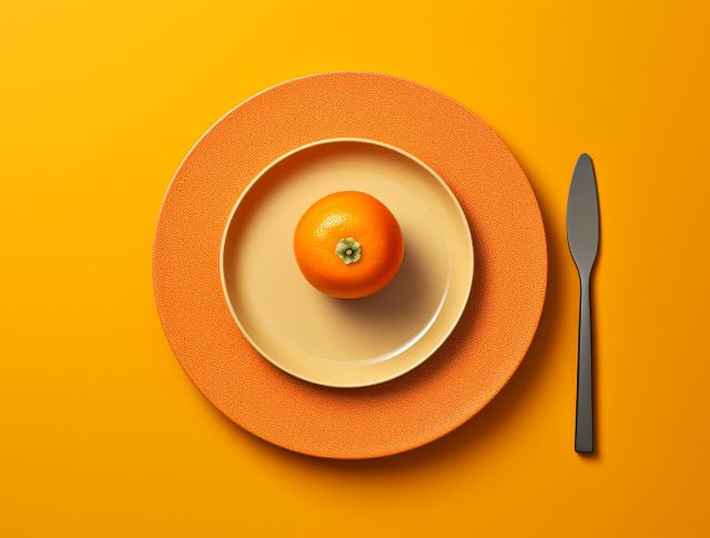 orange placed in the center of a beige plate and a larger orange plate, with a black knife on the right, set against a solid yellow background.