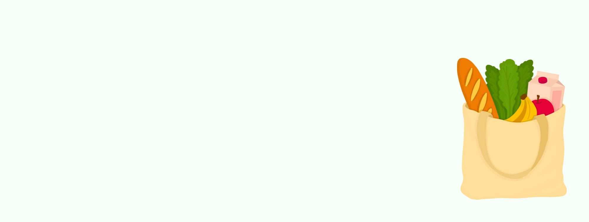 Grocery bag filled with bread, milk, bananas, lettuce, and an apple on a light background.