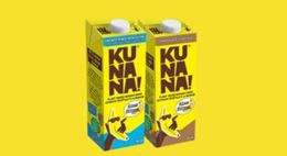Two KUNANA! banana drink cartons displayed on a yellow background.