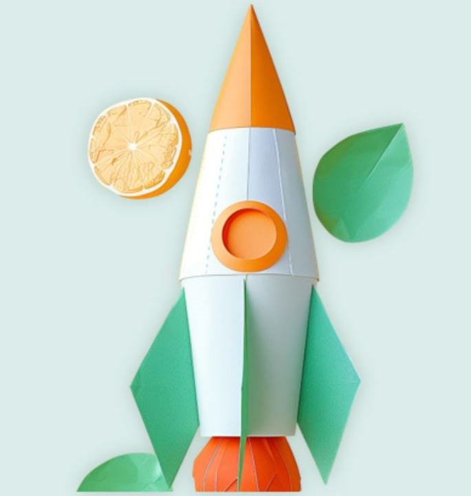Illustration of a paper rocket in orange, white, and green, with a citrus slice and green leaves.