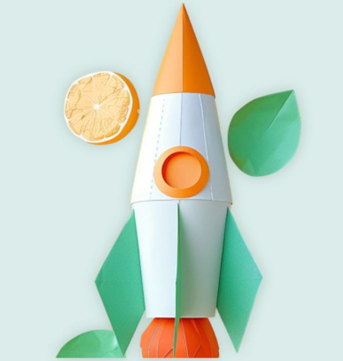 Illustration of a paper rocket in orange, white, and green, with a citrus slice and green leaves.