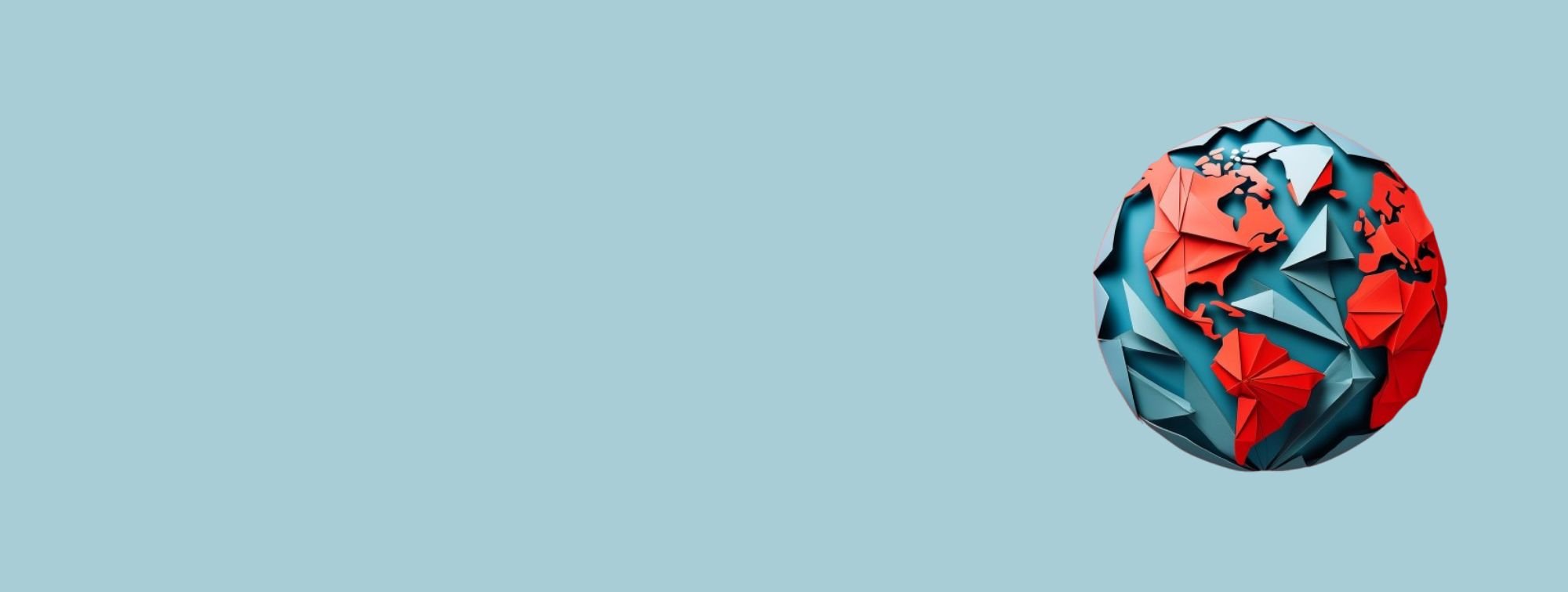 Illustration of planet Earth made of red and blue origami on a light blue background, positioned on the right side of the image.