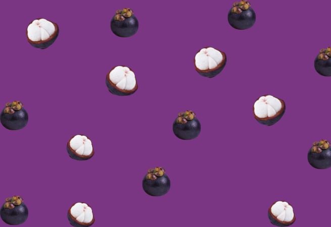 Pattern of whole and opened mangosteens on a purple background illustrating an exotic Asian fruit