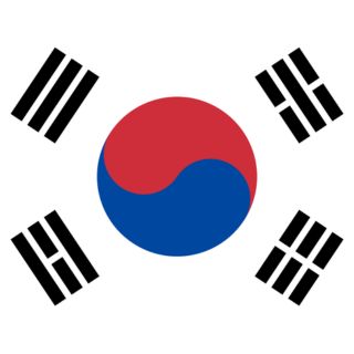 Flag of South Korea featuring the red and blue Taegeuk symbol surrounded by four black trigrams on a white background.