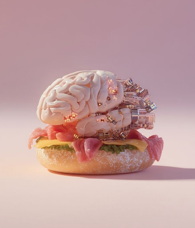 Artificial brain integrated into a burger, symbolizing artificial intelligence in food innovation.
