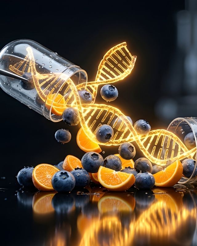 Citrus fruits and blueberries combined with a glowing DNA helix, illustrating nutrition innovation and foodtech.