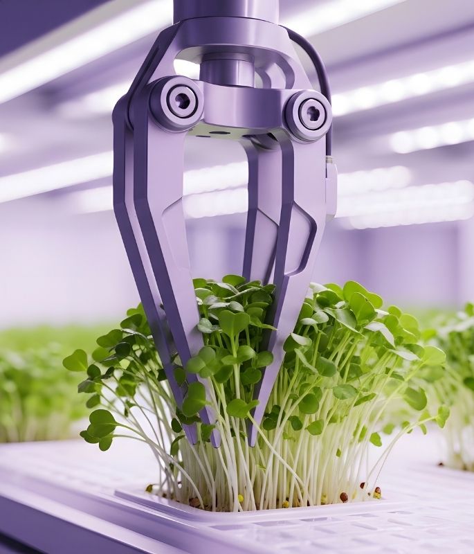 Robotic arm harvesting microgreens in a vertical farm, illustrating agricultural automation and precision farming.