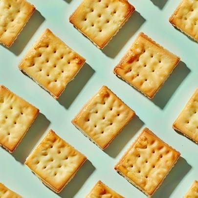 Square cracker biscuits arranged in a repetitive pattern on a light blue background.
