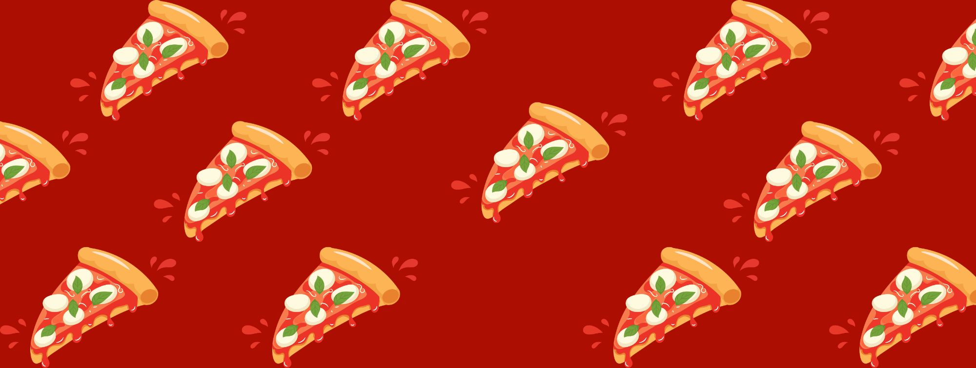 Repeating pattern of illustrated pizza slices on red background with melted cheese and stylized toppings