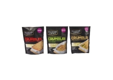 Pilgrims Choice Crumbles - Seasoned cheddar crumbles for gratins. Perfect for melting. In a black, reclosable stand-up pouch. With recipe suggestion on the back of the packaging.<br/>SIAL PARIS 2014