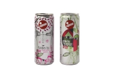 Rooibos Tea with cranberry, aronia and goji berry flavor / Green Tea with pomegranate and sour cherry - Tea and fruit drink in a decorated can. Sweetened with stevia.<br/>SIAL PARIS 2014