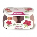Organic hibiscus yogurts - Organic hibiscus flavoured stirred yoghurt in a glass pot. Made from full-cream Breton milk and hibiscus syrup processed in Brittany, and hibiscus flowers harvested by cooperatives in rural areas of West Africa.<br/>SIAL PARIS 2014