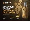 ESCALATE - Dose your energy! - Water with three single energy doses in the cap. With natural plant extracts : ginseng, guarana, schizandra, gingko and  matcha tea. Enriched with Omega 3 and vitamin C. Press the first button to release the first dose into the bottle. Refill the bottle and use the next dose. Makes 3 drinks. The 3 doses can also be combined for more energy. <br/>SIAL CHINA 2017